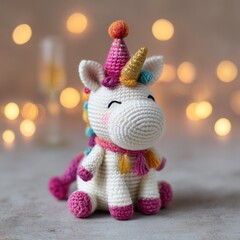 A Cheerful Crocheted Unicorn Wearing a Pink Party Hat and Scarf for a New Year's Celebration