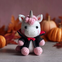 A Cute White and Pink Crochet Unicorn Wears a Dracula Cape for a Fun Halloween Party