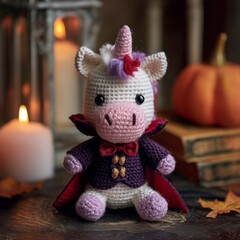 An Adorable Crocheted Unicorn Dressed in a Vampire Costume for a Spooky Halloween Celebration