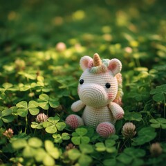 A Charming Amigurumi Unicorn with a Rainbow Mane Sits Happily in a Sunlit Patch of Four-Leaf Clovers