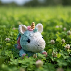 A Whimsical Handmade Crochet Unicorn with a Teal Body Resting in a Lush Green Field of Clover