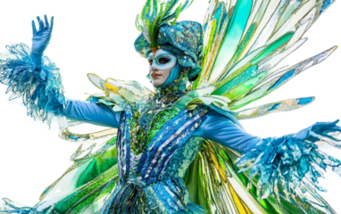 Vibrant flat cartoon illustration of a carnival dancer wearing glittering blue and gold outfit for festive events isolated on transparent background PNG