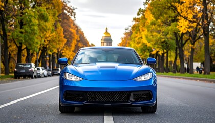 Blue sports car on city street, autumnal trees