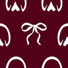 Obraz premium New Year's seamless pattern with horse prints and white bows on a red background, for holiday packaging, textiles or other thematic printing