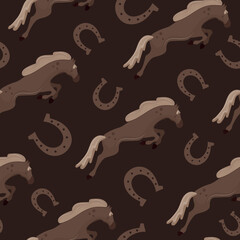seamless pattern with the symbol of the new year 2026, namely a brown cartoon horse in a jumping moment and horseshoes on a brown background, for New Year's packaging