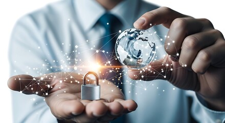 Businessman holding a digital globe and a padlock symbolizing global data security and protection