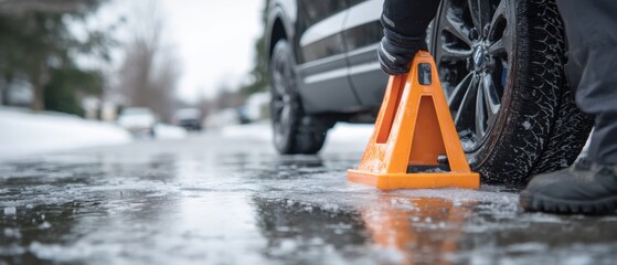 Orange wheel chock placed under car wheel on icy winter road, safety device for vehicle parking and transport security, no people