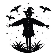Bone Scarecrow in Moonlit Cornfield with Flying Crows in Minimalist Spooky Vector Style