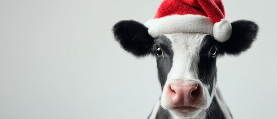 Cow wearing Santa hat, funny farm animal portrait with Christmas costume, festive holiday background, no people