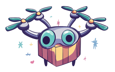 Cartoon drone delivering a gift box in a modern and playful flat illustration for technology and logistics isolated on transparent background PNG