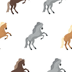 pattern with a set of cartoon colored horses that are a symbol of 2026 standing on their hind hooves, for holiday textiles, packaging or New Year's templates for postcards