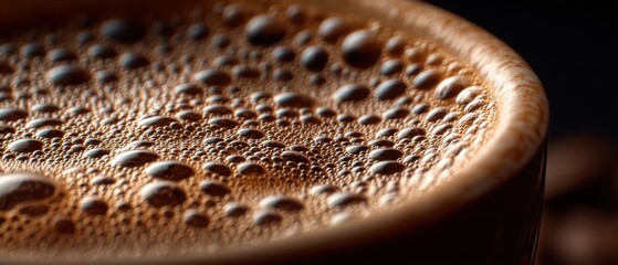Close-up of coffee with foam and bubbles, hot drink in cup with dark background, morning energy and cafe concept, no people