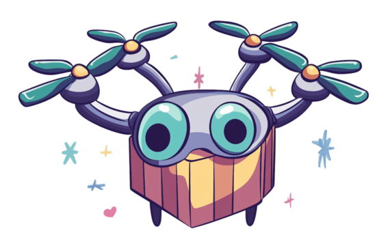 Cartoon drone delivering a gift box in a modern and playful flat illustration for technology and logistics isolated on transparent background PNG - Powered by Adobe