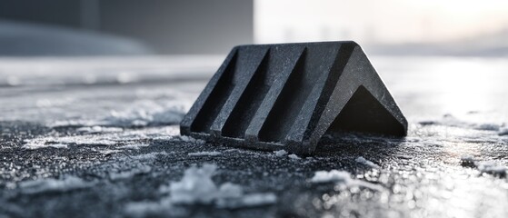Wheel chock on icy ground, safety block for vehicle parking and transport security, close-up winter background, no people