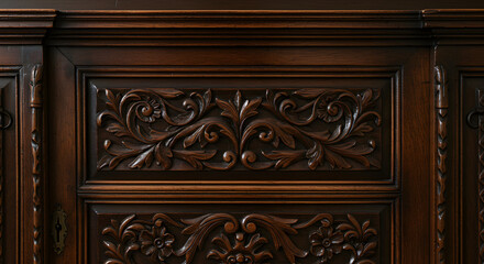 Close-up of detailed wooden carving panels showcasing traditional floral motifs. Highlighting cultural craftsmanship, heritage architecture, and wood artistry.