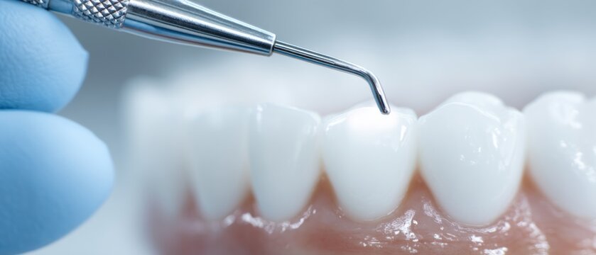 Dental probe examining teeth, close-up of dentist hand in glove with periodontal tool and white tooth model, medical background, no people