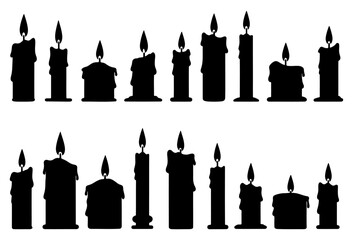 Set of burning candle silhouettes with melting wax