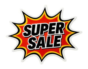 Fototapeta premium Bold burst sticker with SUPER SALE in striking typography, dynamic retail discount promo on transparent background.