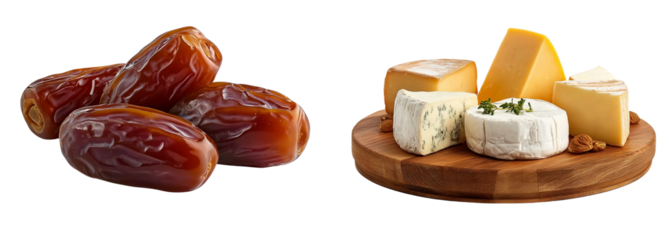 Dates and assorted cheeses on wooden board isolated on a transparent background