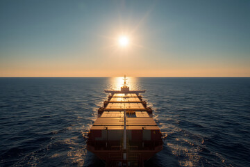 A container ship sailing towards the horizon with a radiant sunrise painting the sky with warm hues