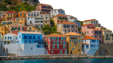 Obraz premium Vibrant coastal town, hillside of colorful Mediterranean buildings, scenic photograph