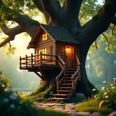 Enchanting wooden treehouse nestled in a lush forest