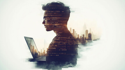 Silhouette of software developer with laptop screen and binary code representing innovation and programming creativity