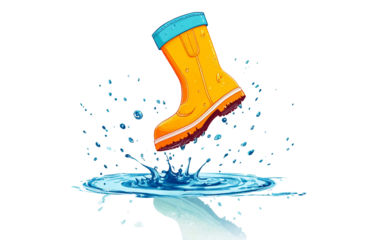 Flat style illustration of colorful rain boot splashing in water for fun and whimsical designs isolated on transparent background PNG
