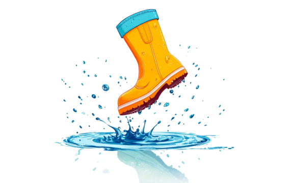 Flat style illustration of colorful rain boot splashing in water for fun and whimsical designs isolated on transparent background PNG
