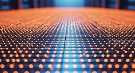 Low-angle view of data center floor with glowing orange dots against a blue backdrop
