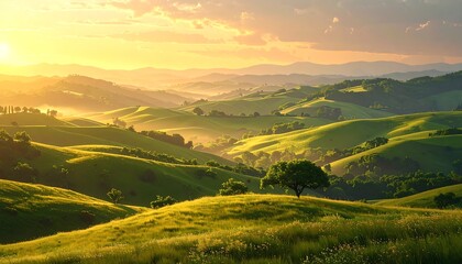 Obraz premium Stunning landscape view of rolling hills under a beautiful golden sunrise