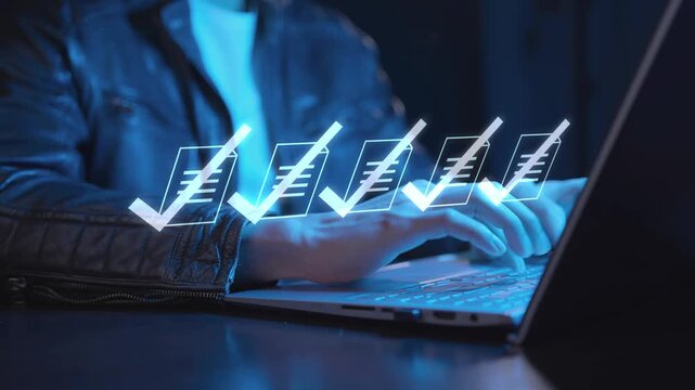 Modern freelancer using laptop technology for project management and task approval, a concept of digital workforce and business.