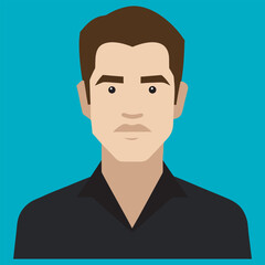 Flat design portrait of a young man with dark hair and a serious expression, illustration of a young Asian man a serious expression, wearing a dark blue t-shirt against a burnt orange background.