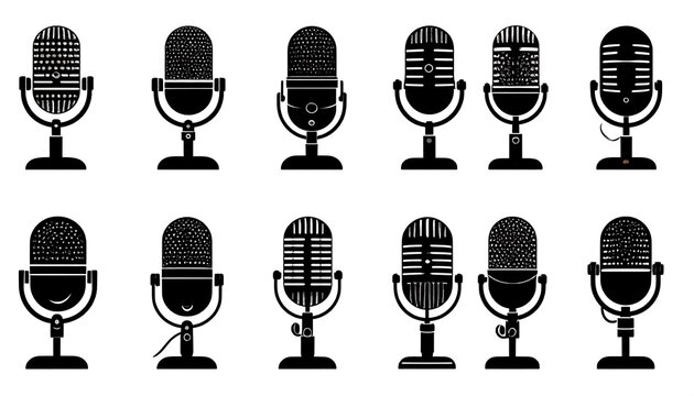 Various Retro Microphone Designs in Black and White for Audio Recording Concepts