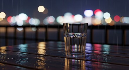 Glass of water on a wet table with bokeh lights at night