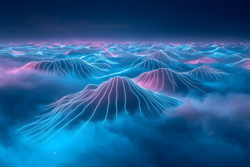 Abstract Mountain Range Landscape with Neon Lines and Fog, Perfect for a Tech Background