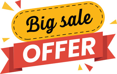 Big sale offer banner with red ribbon and yellow oval shape, festive confetti, isolated on white background