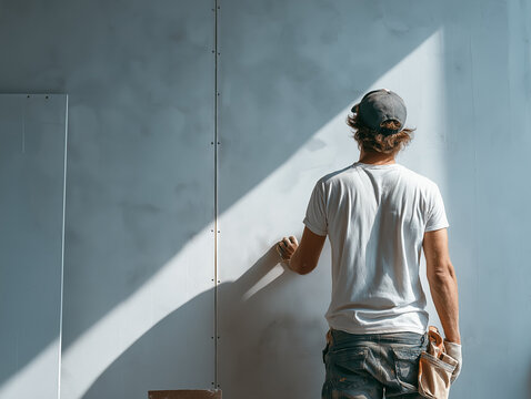 Construction worker sanding drywall in bright room with geometric sunlight plaquiste pl&acirc;trier b&acirc;timent