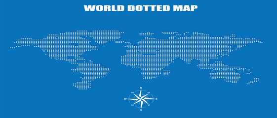 dotted map, dot distribution map, map dotted, Global geography vector illustration with compass on blue background.