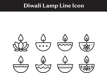 Diwali Lamp Line Icons Festive Decorations