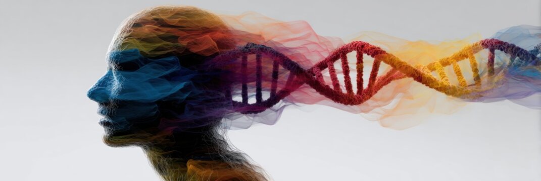 Creative Representation of Human Thoughts Intertwined With DNA Strands in an Abstract Design Reflecting the Connection of Identity and Genetics