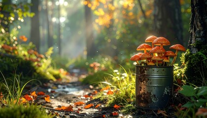 Rusty tin can filled with mushrooms in a sunlit forest path