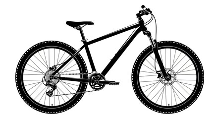 Fototapeta premium Side view of a black mountain bike with detailed spokes and gears, isolated on a white background.
