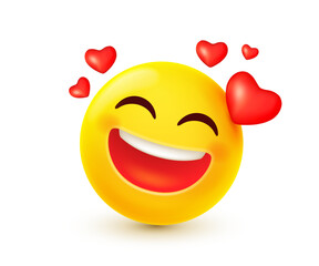 Vector illustration of enamored yellow emoji with heart. Happy emotion smile face in love. 3d cartoon style design of emoticon with heart. Funny smile character icon. Happy and romantic mood