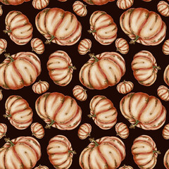 Seamless watercolor pattern with beige-orange pumpkins in a realistic autumnal style. Great for packaging, textiles, kitchen decor, fall-themed branding, and Thanksgiving designs.