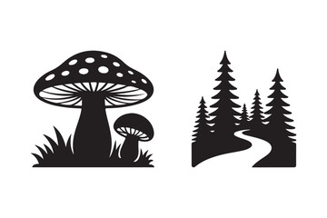 Black silhouette of mushrooms and a forest path