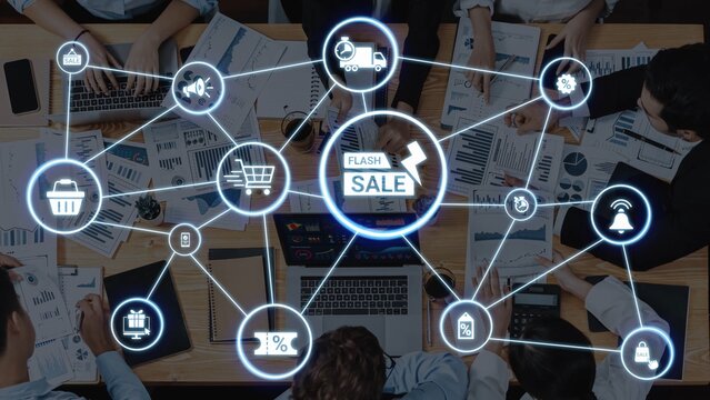 Flash sale icons show ecommerce, flash sale discount, and digital promotion. Flash sale drives customer shopping, flash sale marketing, and conversion growth. Funnel