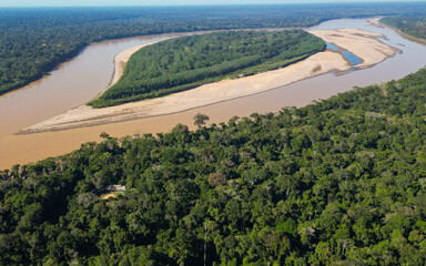 AERIAL VIEW OF THE MADRE DE DIOS RIVER NEAR THE TAMBOPATA NATIONAL RESERVE, BIODIVERSITY AND LARGE TREES AND RAINFORESTS OF THE AMAZON