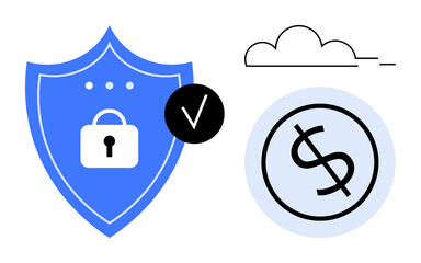 Shield with a lock, cloud, and circle-enclosed dollar sign, representing cybersecurity, cloud storage, online payments. Ideal for digital safety, finance, encryption compliance cloud services risk