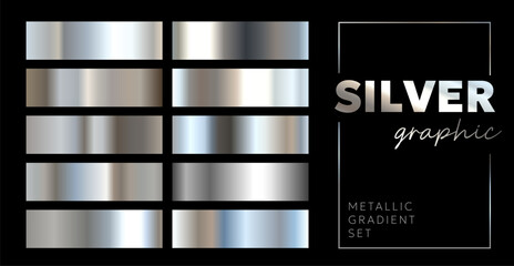 Vector set of different shine textured gradation swatch with text in frame. 3d realistic style design of shiny silver metallic gradient pattern. Background collection. Gray metal effect